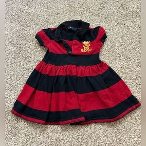 Ralph Lauren Cotton Red and Black Striped Dress with Gold Emblem Crown Short 4T